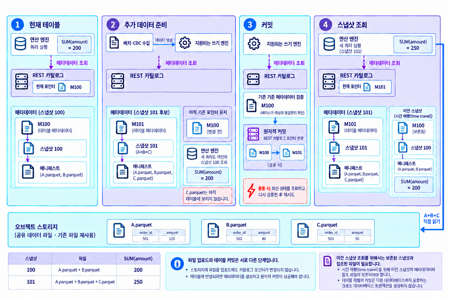 기존 스냅샷 100의 파일 A·B에 파일 C를 추가하고 원자적 커밋 후 스냅샷 101의 A·B·C를 조회하는 Iceberg 예시